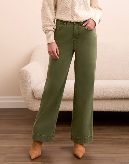 Fly Front Wide Leg Pant - Chive (Tribal)