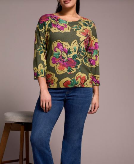3/4 Lightweight Floral Sweater - Chive (Tribal)