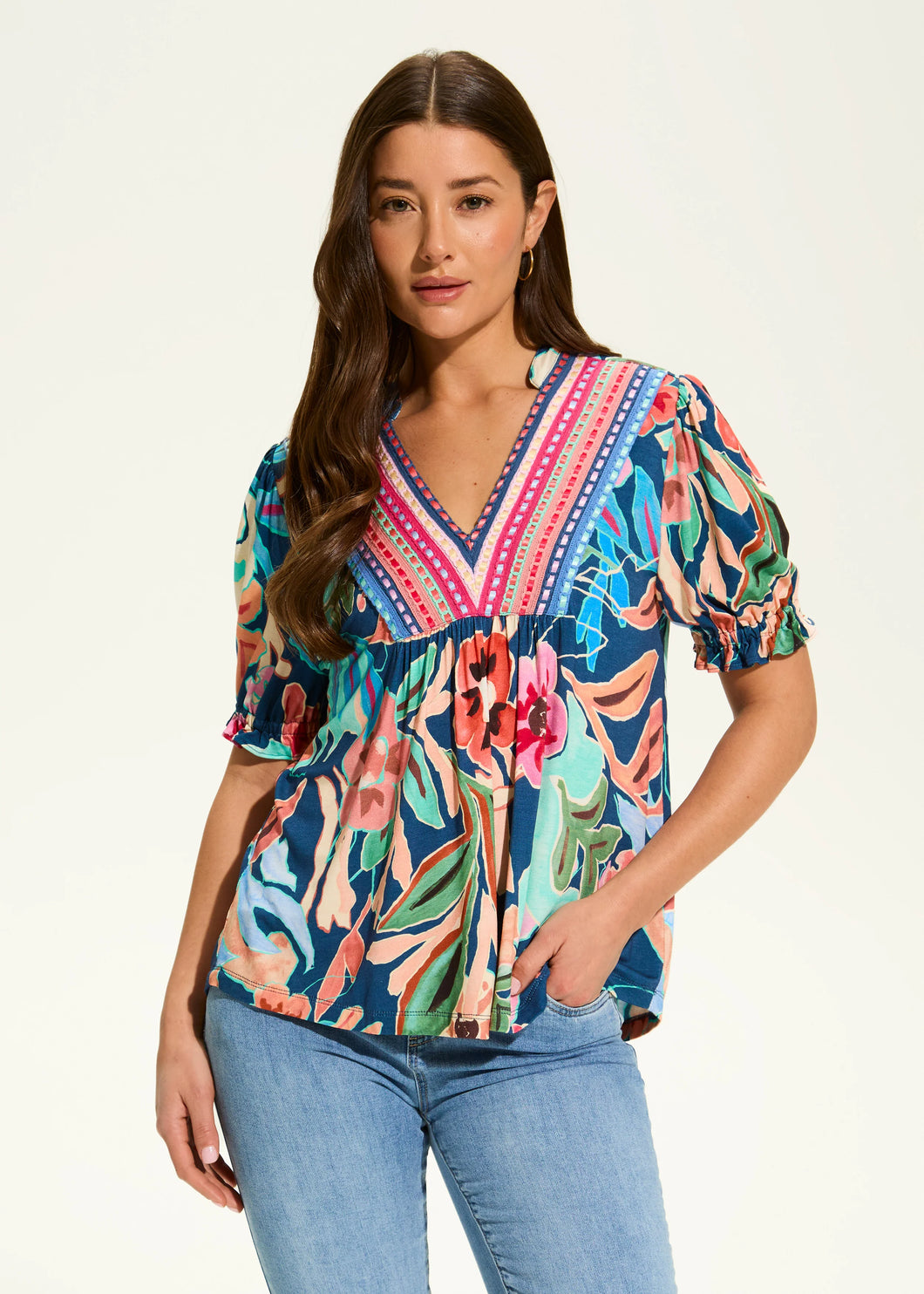 Ribbon Detail Top -Pop Floral (FDJ)