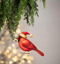 Load image into Gallery viewer, Large Cardinal in Santa Hat Metal Ornament
