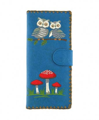 Embroidered Owl Long Wallet - blue & black
