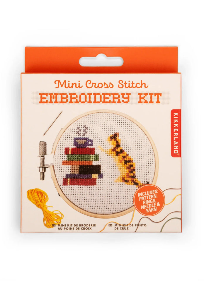Kikkerland Mini Cross Stitch Embroidery Kit packaging on a white background