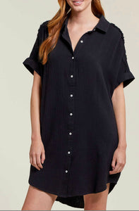 Cotton Dolman Shirt Dress - Black (Tribal)