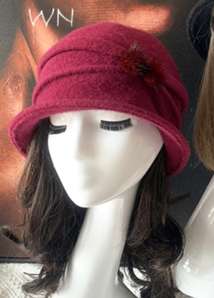 Faux Fur Pom Ridge Hat - Wine