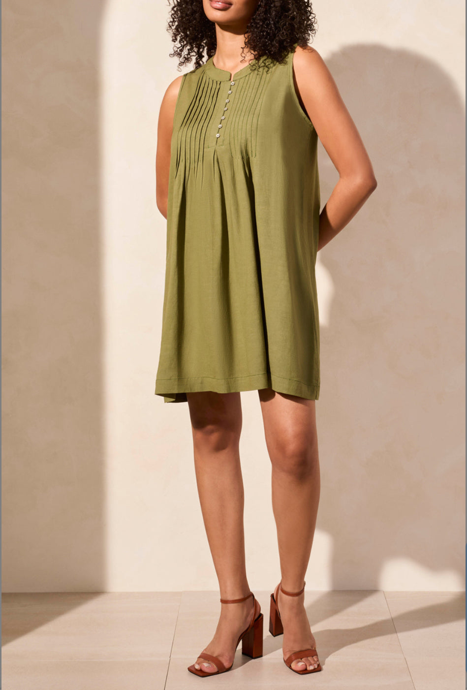 Sleeveless Linen Dress w/ Pleats - Loden (Tribal)