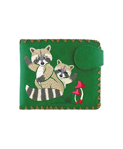 Small Raccoon Embroidered Wallet - Green