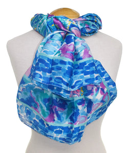 Silky Floral/Brushstrokes Border Oversize Scarf - blues
