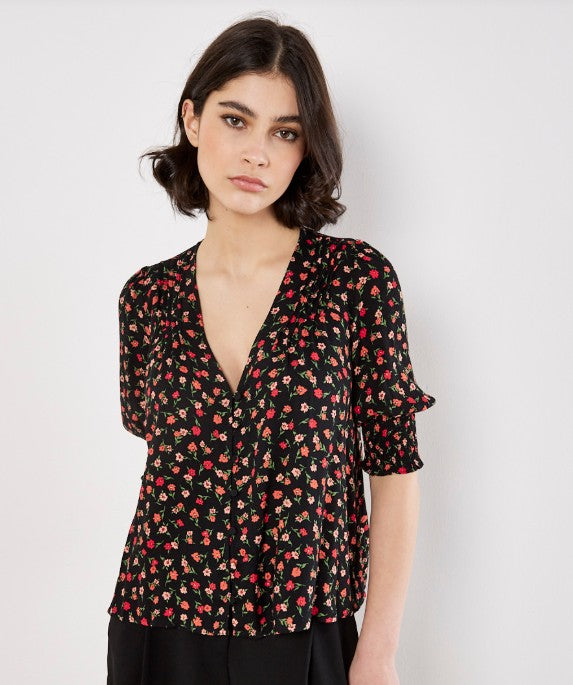 Ditzy Smocked Top - Black (Apricot)