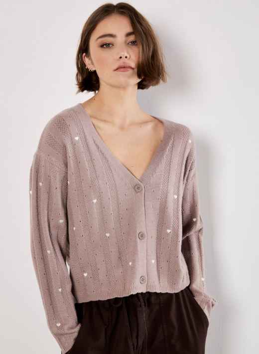 Embroidered Hearts Pointelle Cardi -Buff (Apricot)