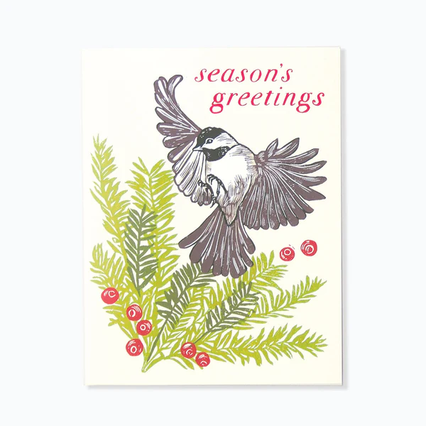 Holiday Chickadee Linocut Art Card