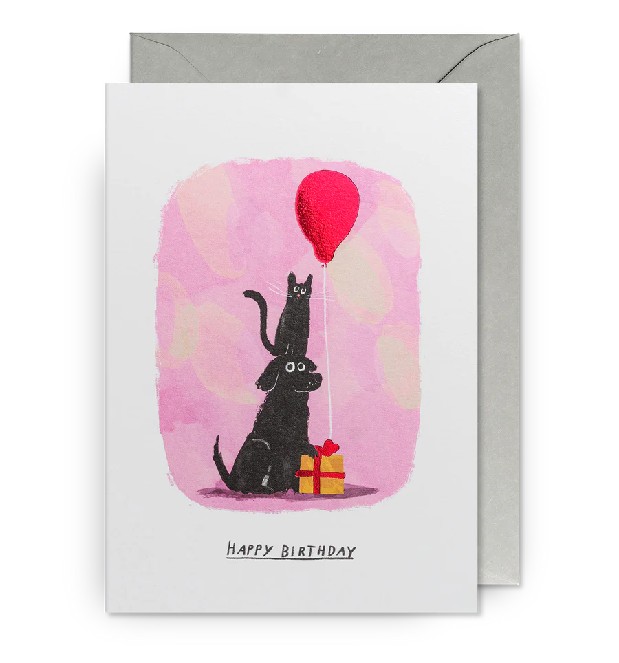 Dog & Cat with Party Balloon Birthday Card