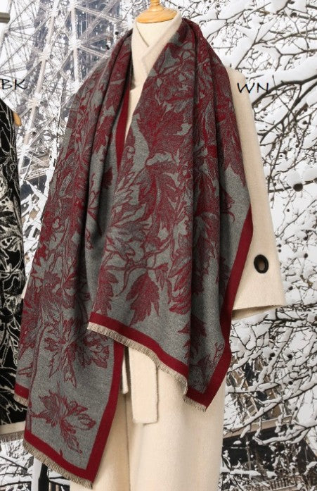 Soft Leafy Vine Jacquard Scarf - Wine