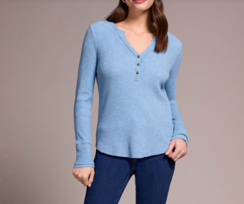 Waffle Button Henley Top - Heather Denim (Tribal)