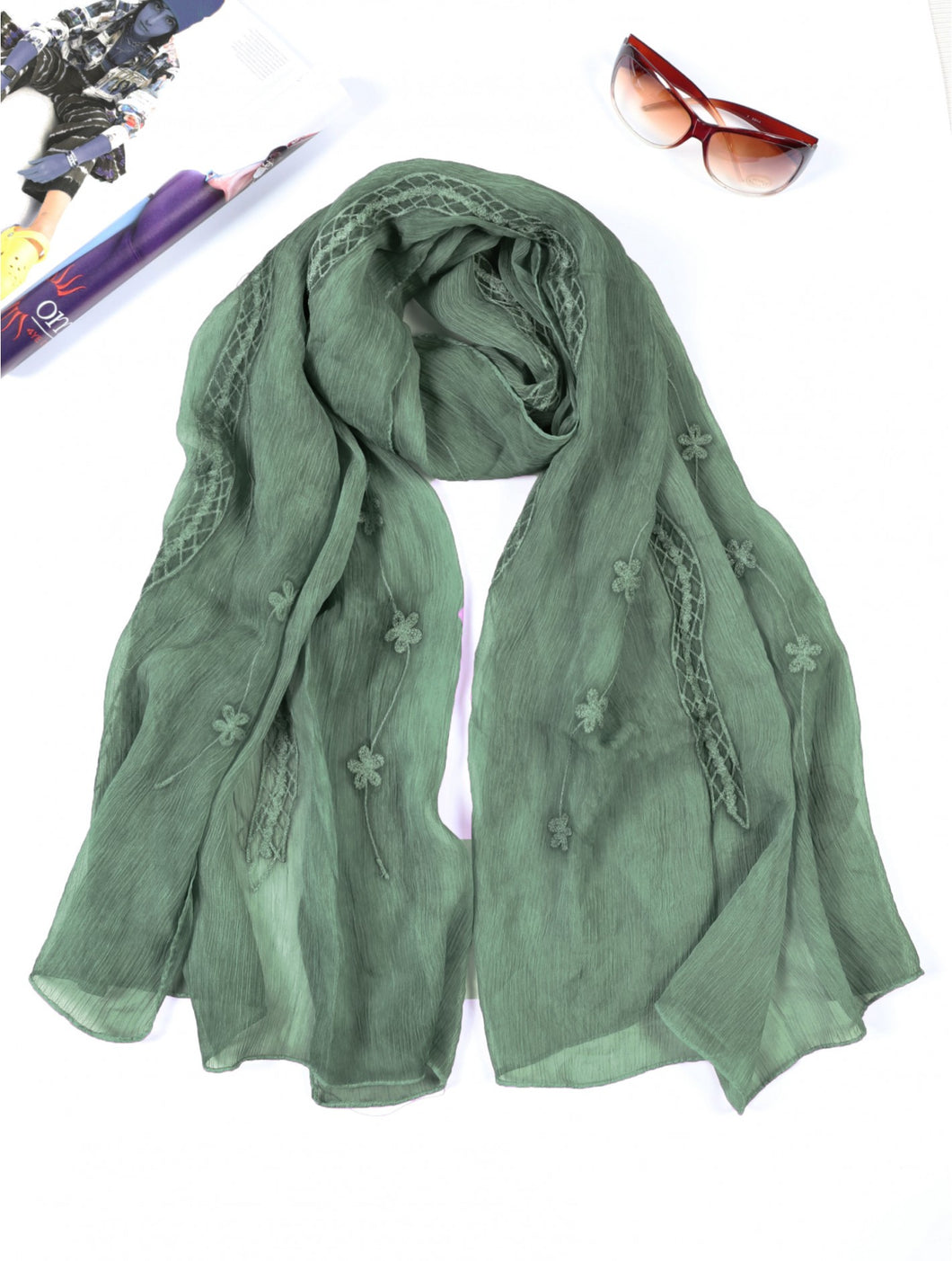 Embroidered Flower & Trellis Wrap - Drk Green
