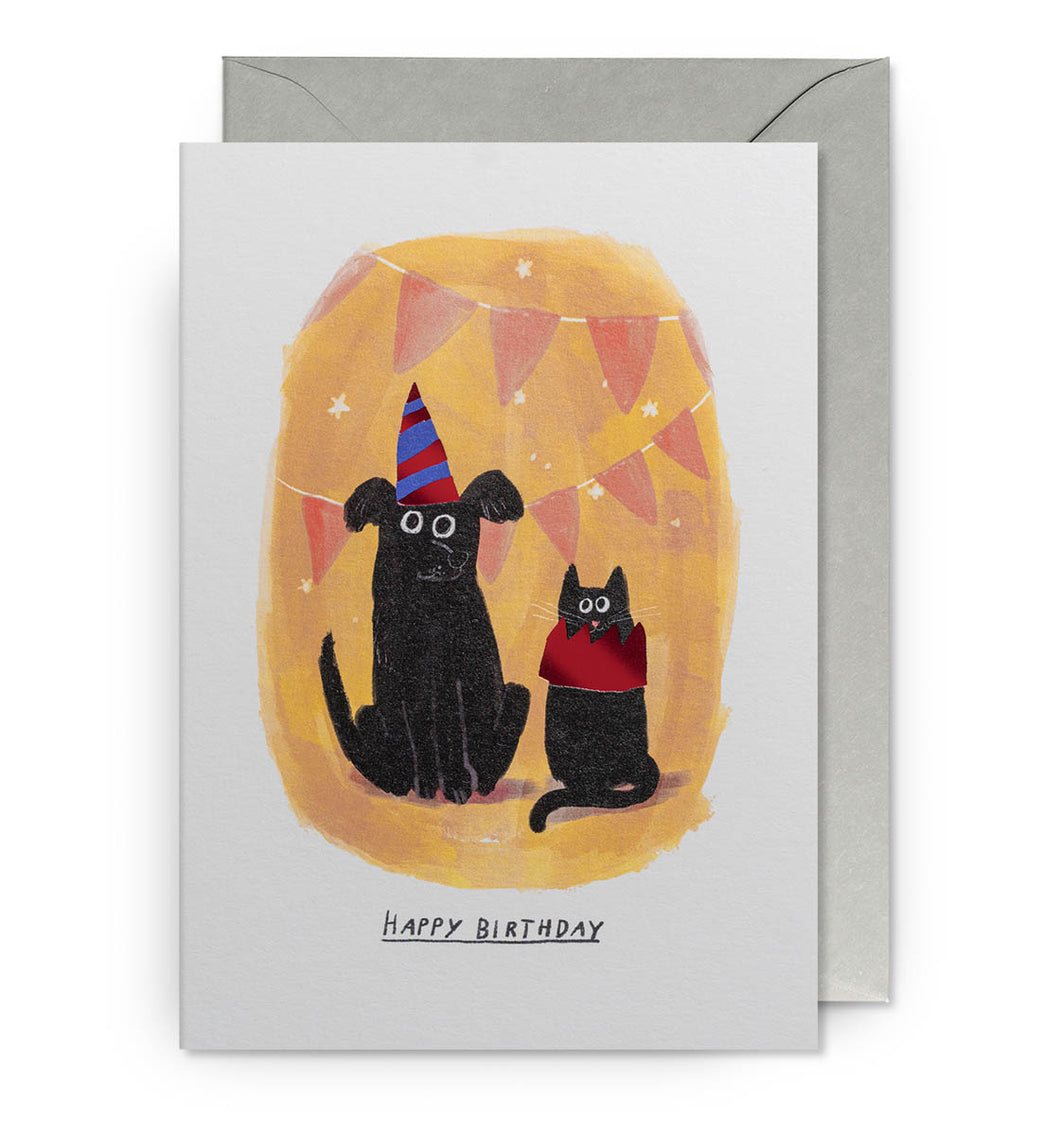 Dog & Cat with Party Hats Birthday Card