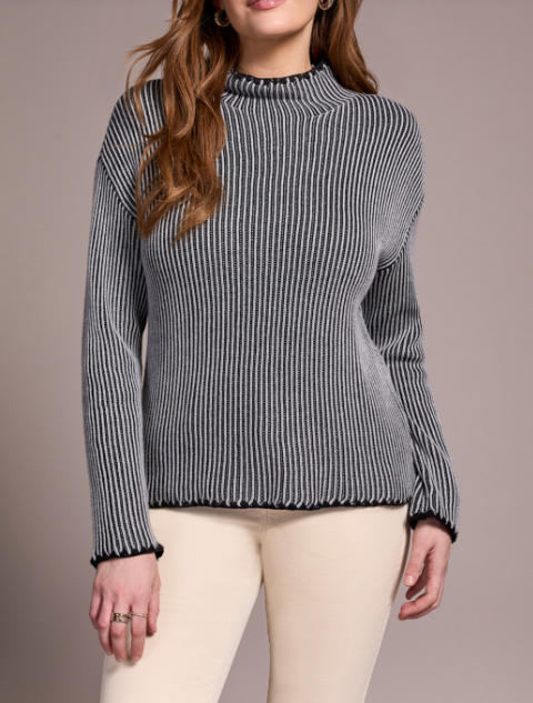 Striped Rib Knit Funnel Neck - Grey (Tribal)