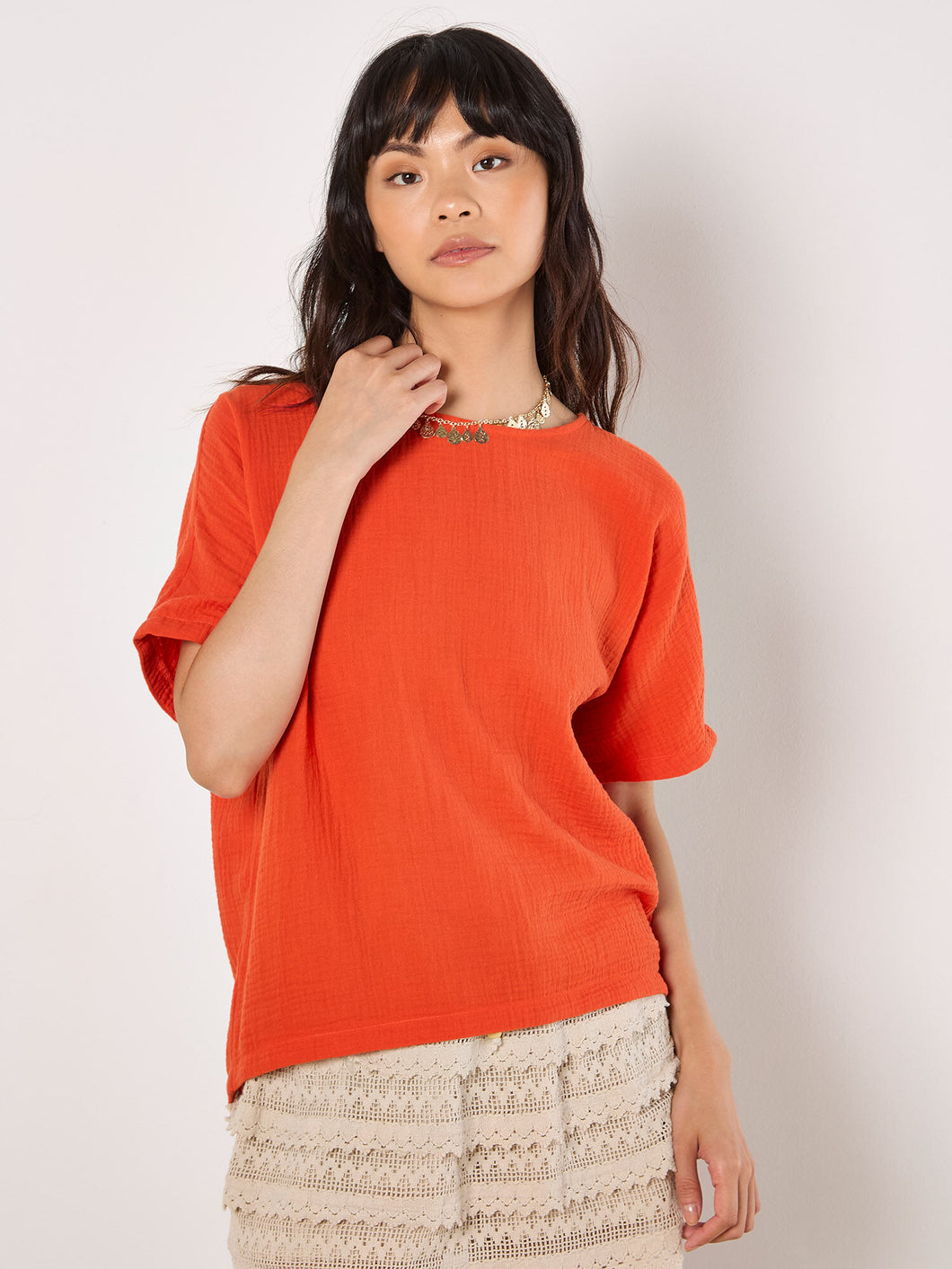 Cotton Button Back Blouse - Orange (Apricot)