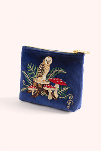 Powder Woodland Owl Velvet Embroidered Pouch