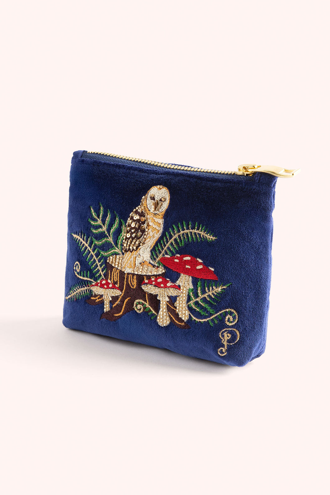 Powder Woodland Owl Velvet Embroidered Pouch