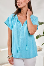 Load image into Gallery viewer, Split Neck Tassel Top - Aqua Sky (Tribal)
