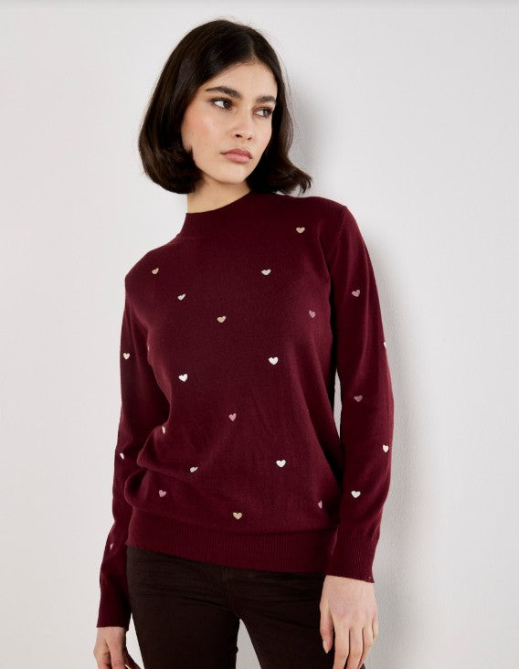 Mock Neck Embroidered Hearts - Burgundy (Apricot)