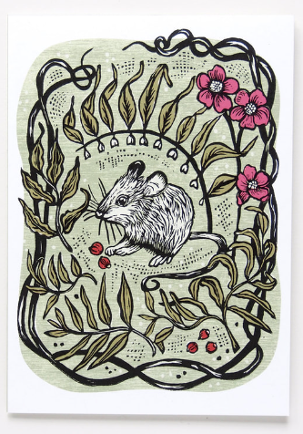 Garden Mouse Linocut Art Card