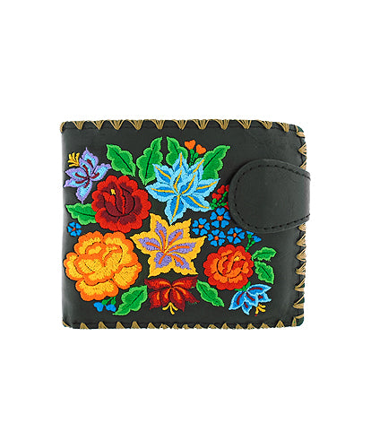 Multi Floral Small Embroidered Wallet - Black