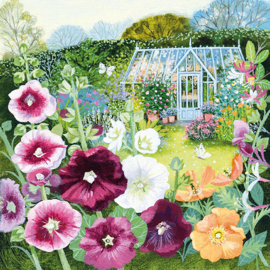 Greenhouse & Hollyhocks Blank Card