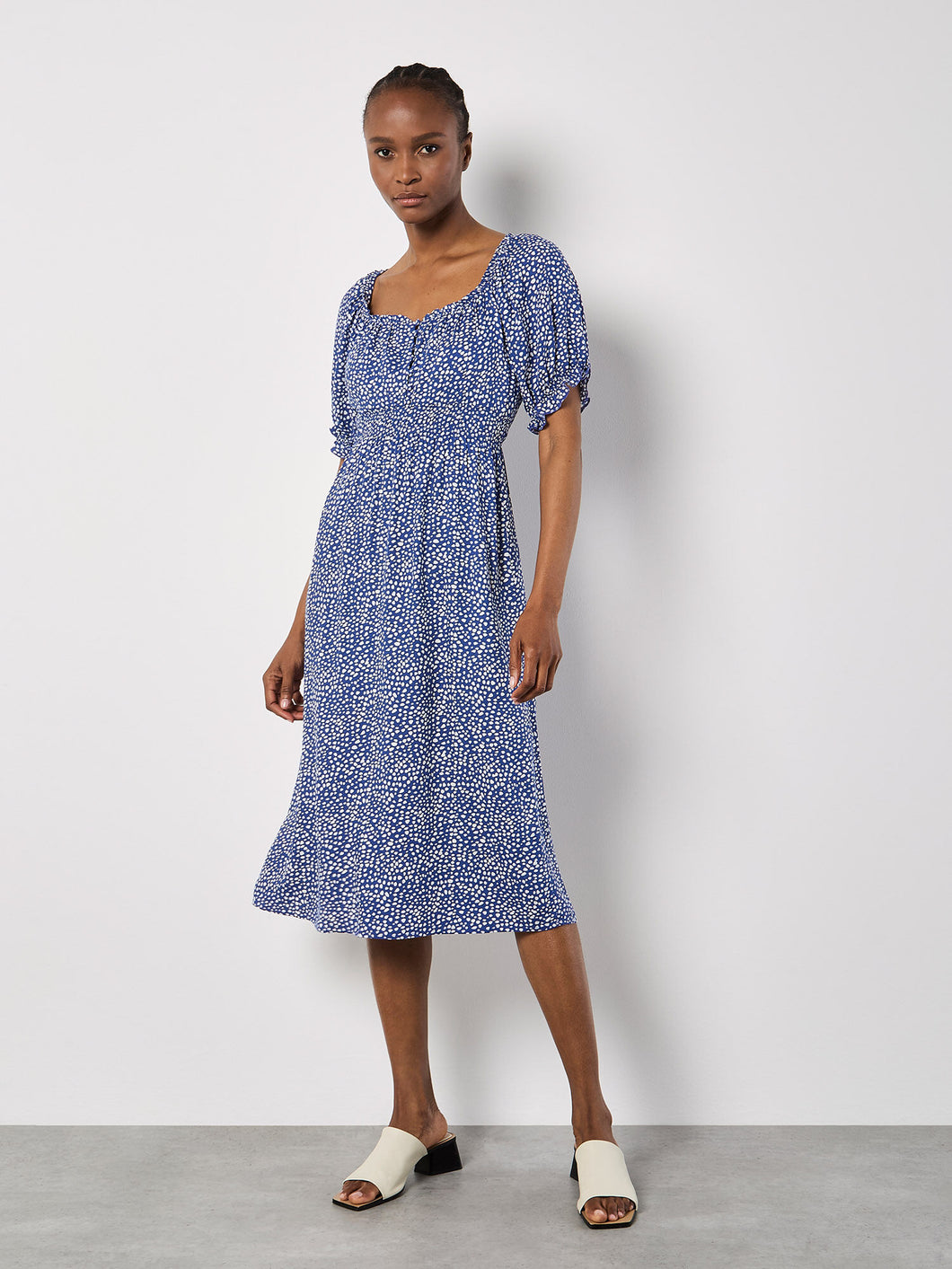 Spotted Milkmaid Dress - Blue (Apricot)