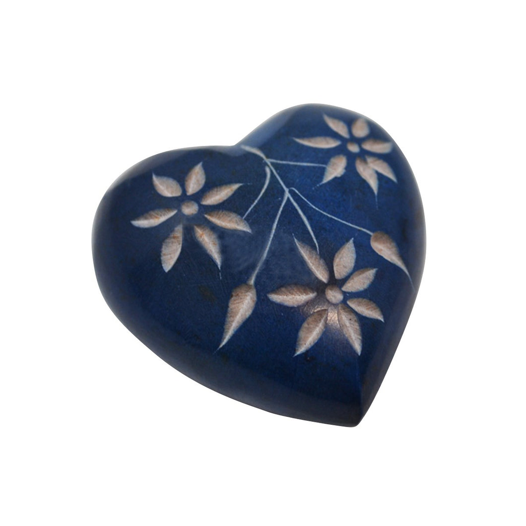 Engraved Flower Soapstone Heart - Blue