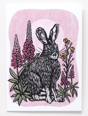 Hare & Lupins Linocut Art Card