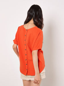 Cotton Button Back Blouse - Orange (Apricot)