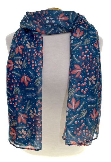 Leaf & Berry Floral Scarf - Blue Green