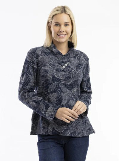 HC Button Collar Top - Navy Print (Orientique)