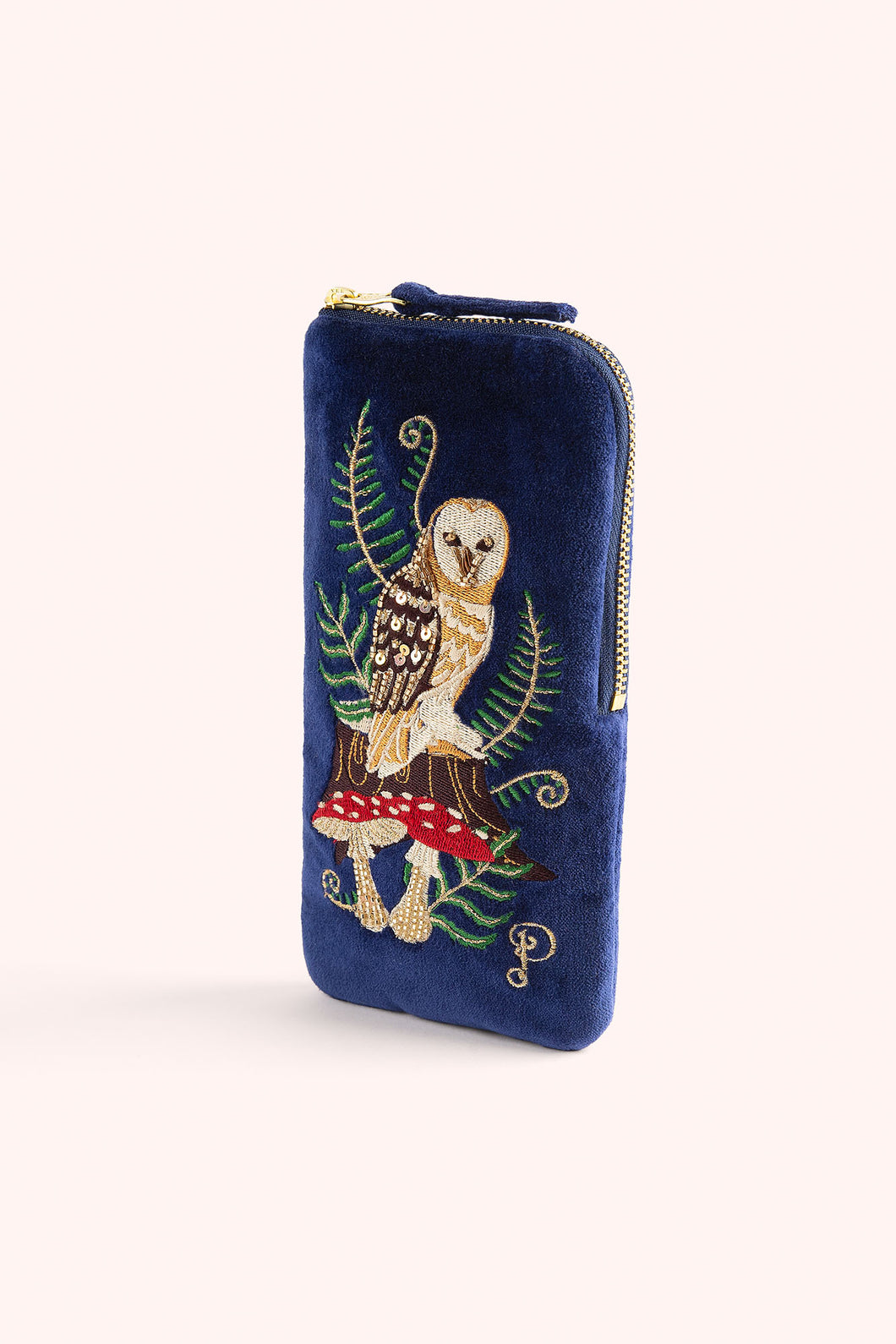 Powder Woodland Owl Embroidered Velvet Eyeglass Case