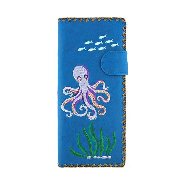Embroidered Octopus Long Wallet - Blue