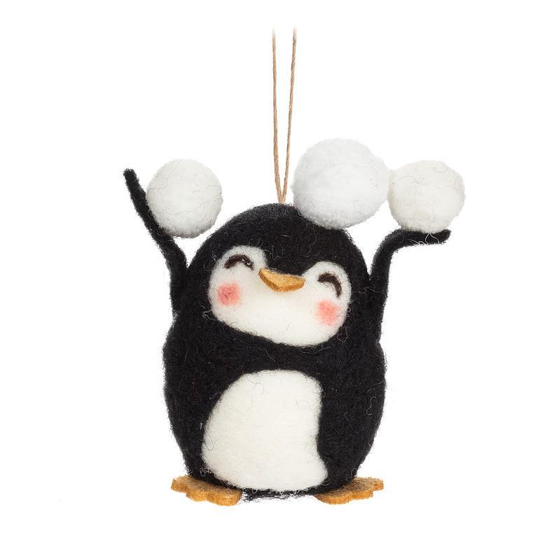 Penguin and Snowballs Wool Ornament