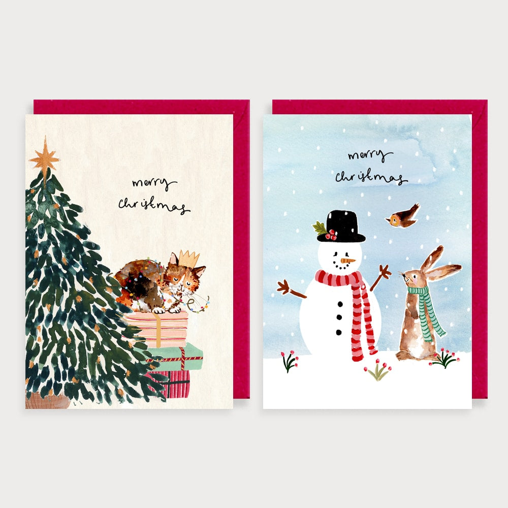 Snowman & Cat Christmas Card Pack/8