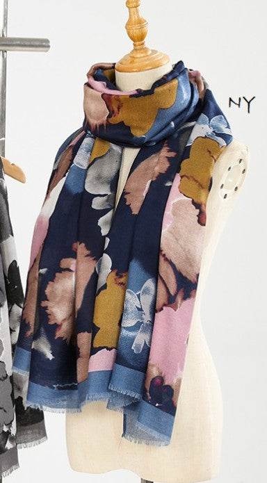Floral Watercolour Scarf - Navy/Pink/Tan