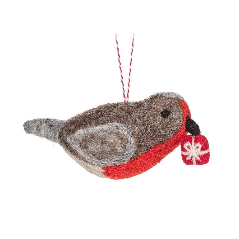 Robin with Gift Wool Ornament
