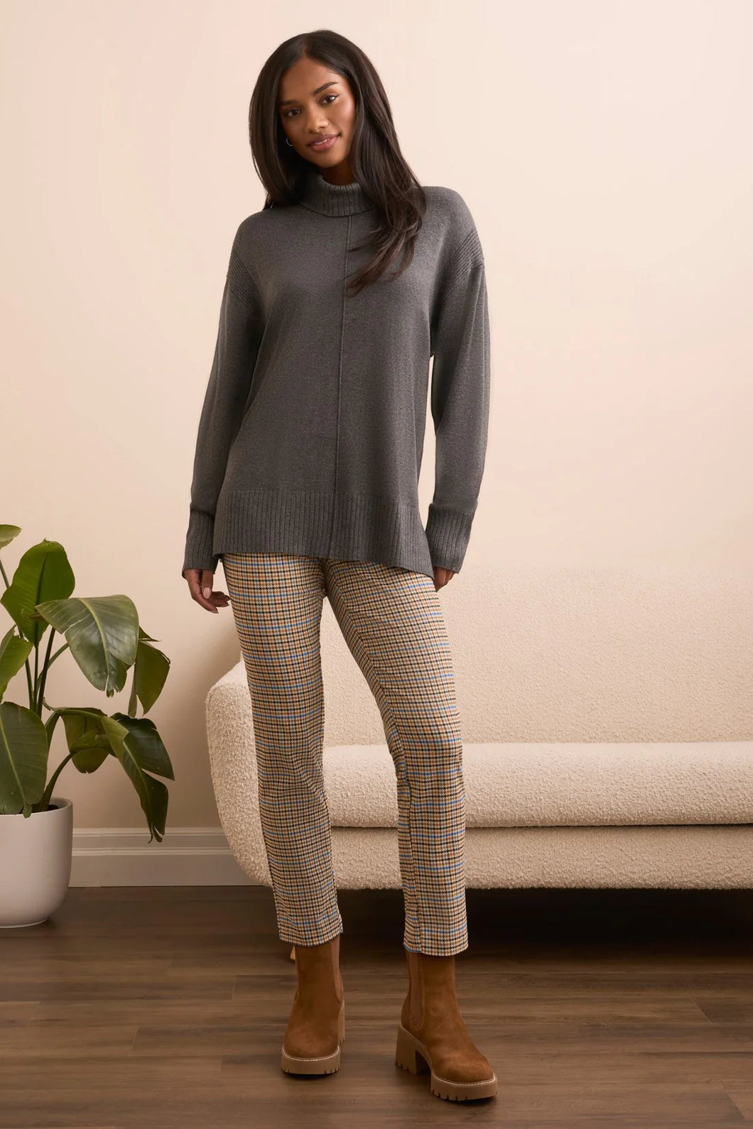 Long Sleeve Turtleneck Sweater w/ Side Slits (Charcoal) - Tribal