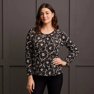 L/S Floral U-Neck - Black (Tribal)