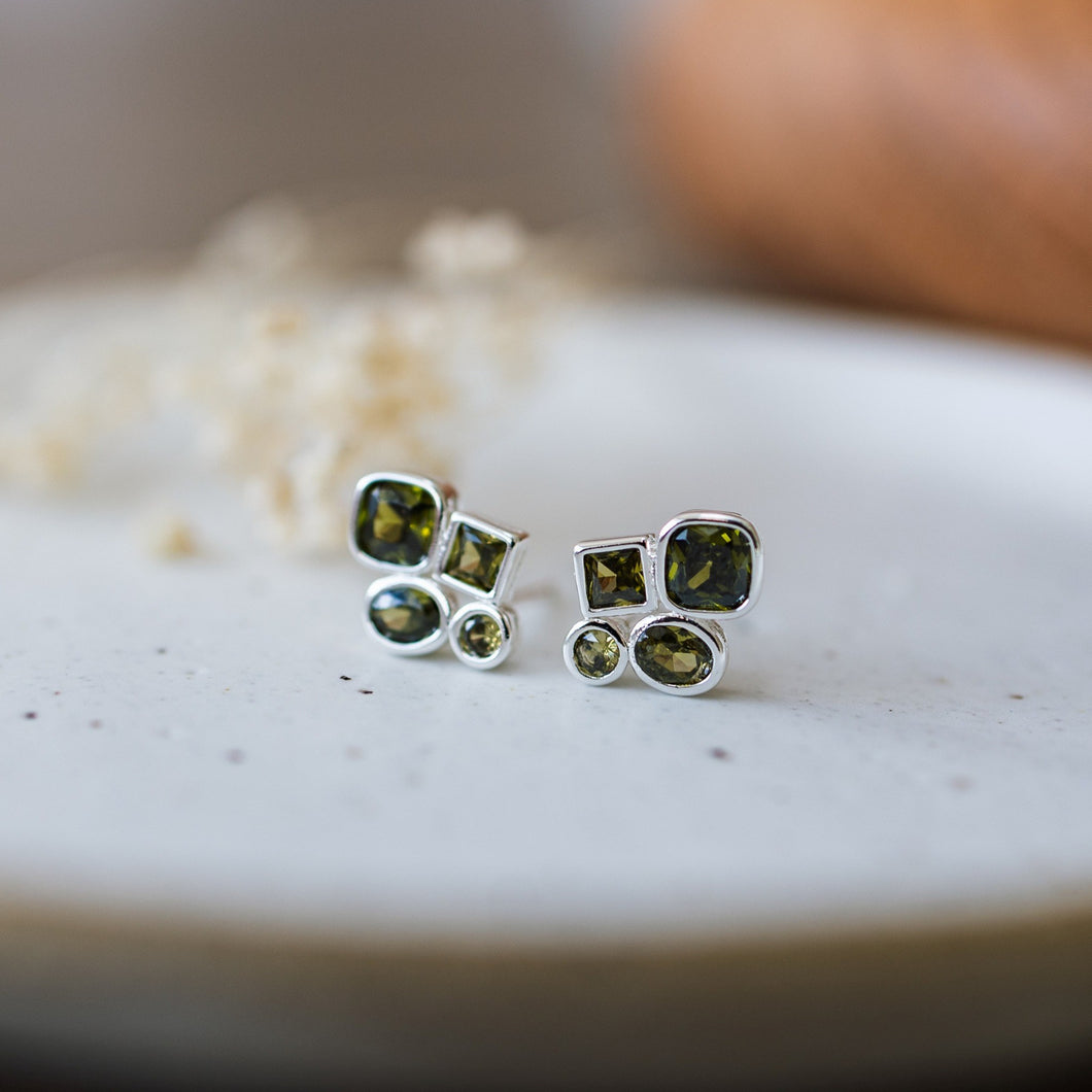 Stacked CZ Studs - Silver Plated/Moss Green (Glee)