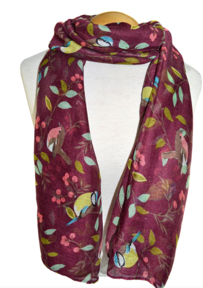 Birds & Berry Branch Scarf - Maroon