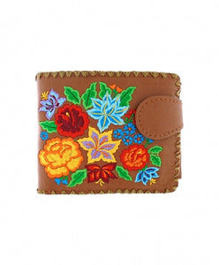 Multi Floral Small Embroidered Wallet - Brown