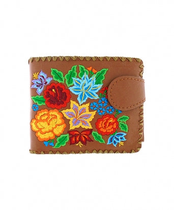 Multi Floral Small Embroidered Wallet - Brown