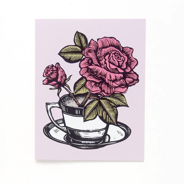 Tea Roses Linocut Card