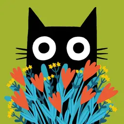 Black Cat with Flowers Blank Card