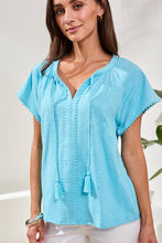 Load image into Gallery viewer, Split Neck Tassel Top - Aqua Sky (Tribal)

