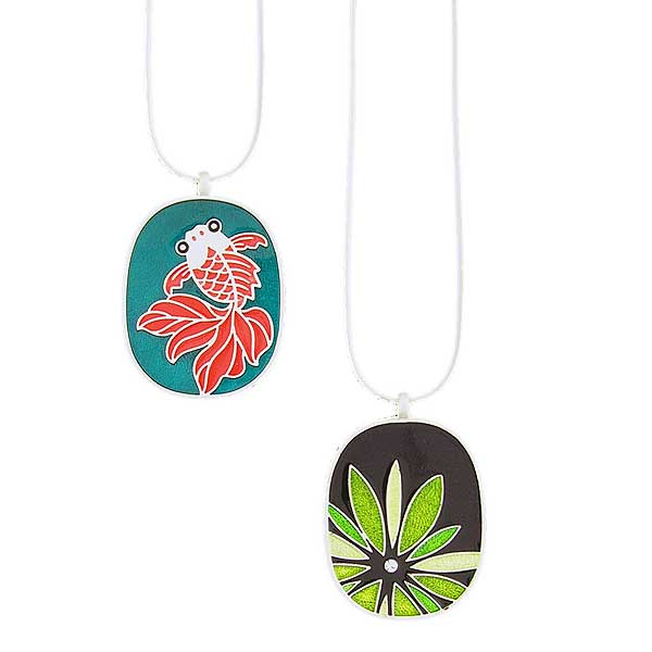 Koi/Flower Reversible Enamel Necklace - green